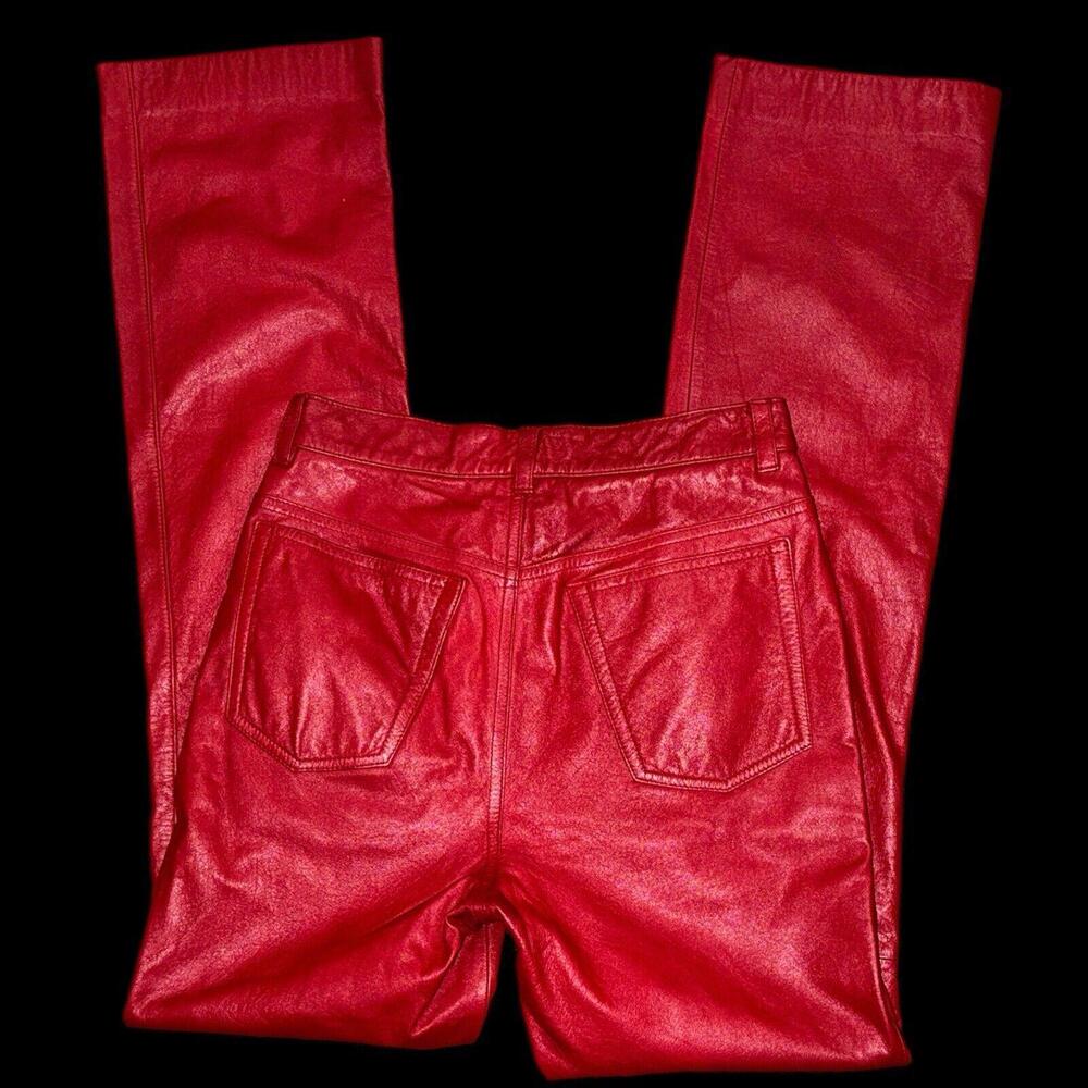 Vintage Ralph Lauren Red Leather 5 Pocket Straight Leg Mid Rise Jeans Sz 2 - Picture 5 of 7